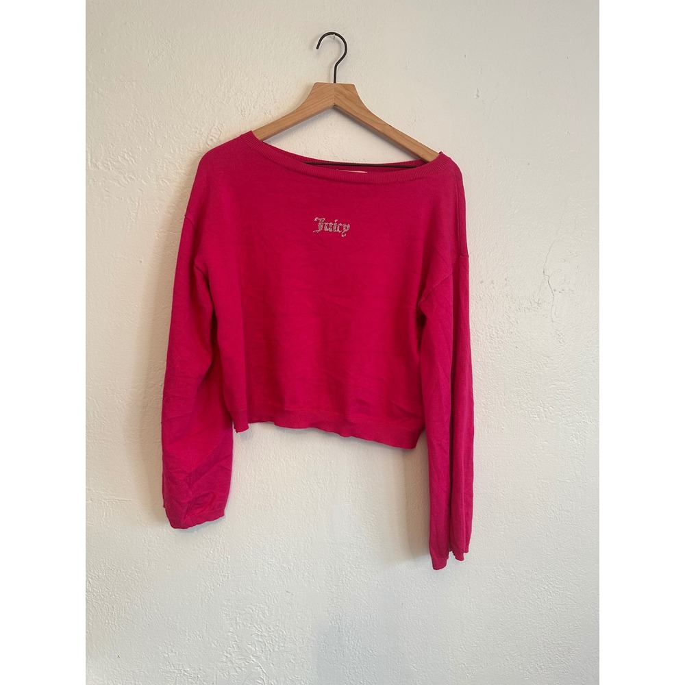 Juicy Couture Hot Pink Rhinestone Logo Boat Neck Cropped Knit Sweater Medium